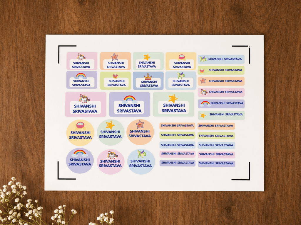 Sheet of personalised kids name labels in pastel colours with themed icons
