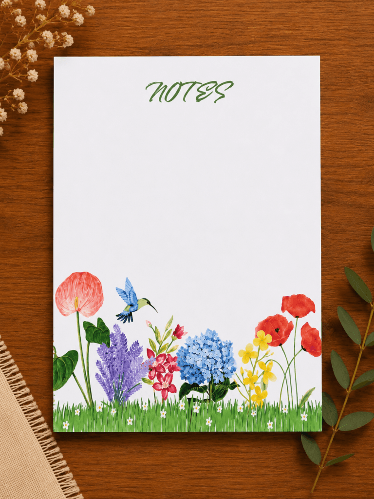 Floral A5 notepad with a watercolour flower border and a hummingbird