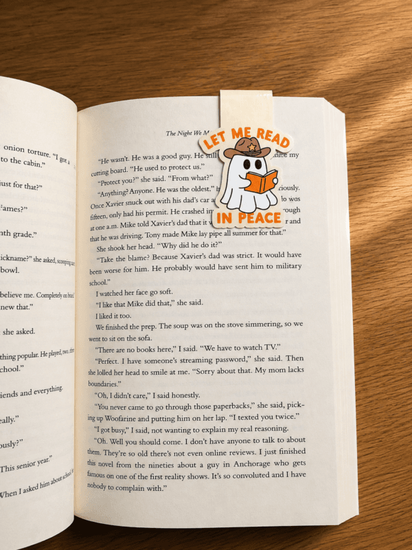 Let Me Read In Peace Magnetic Bookmark in use Let Me Read In Peace Magnetic Bookmark